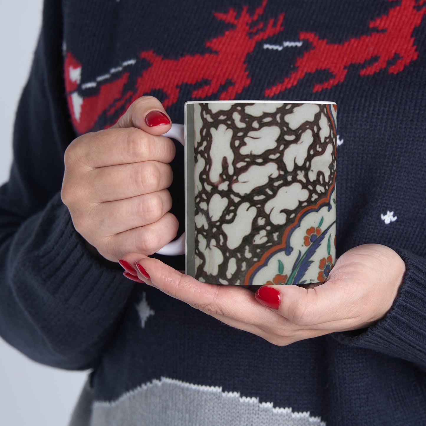 Tile with Floral Cartouche Design on Ebru (Marble Imitation Pattern) Background Beautiful Novelty Ceramic Coffee Mug 11oz