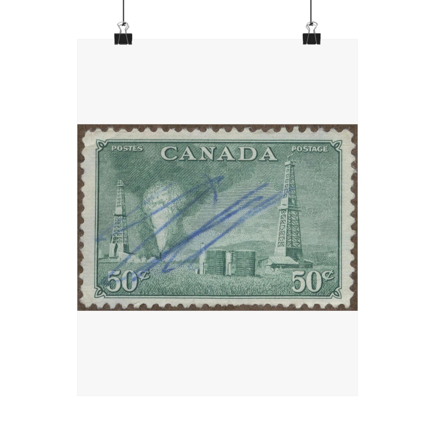 Frimärke ur Gösta Bodmans filatelistiska motivsamling, påbörjad 1950.Frimärke från Canada, 1950. Motiv av petroleumutvinning i Alberta. High Quality Matte Wall Art Poster for Home, Office, Classroom