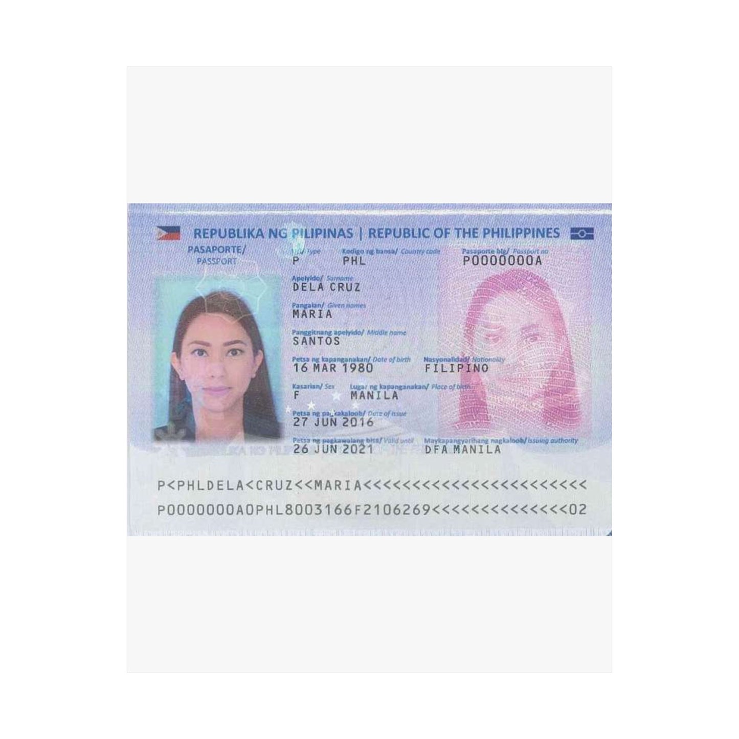 Philippine passport (2016 edition) data page (cropped) High Quality Matte Wall Art Poster for Home, Office, Classroom