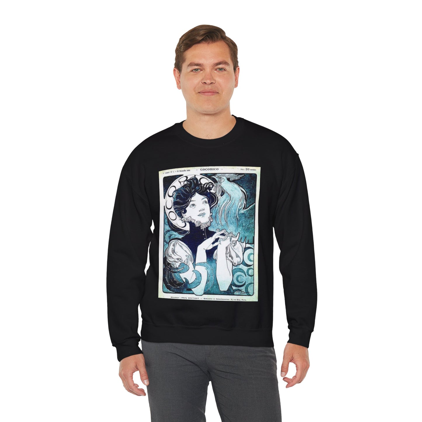 Cocorico 1 du 31 décembre 1898 - Alfons Mucha Black Heavy Blend Adult Crew Neck SweatShirt