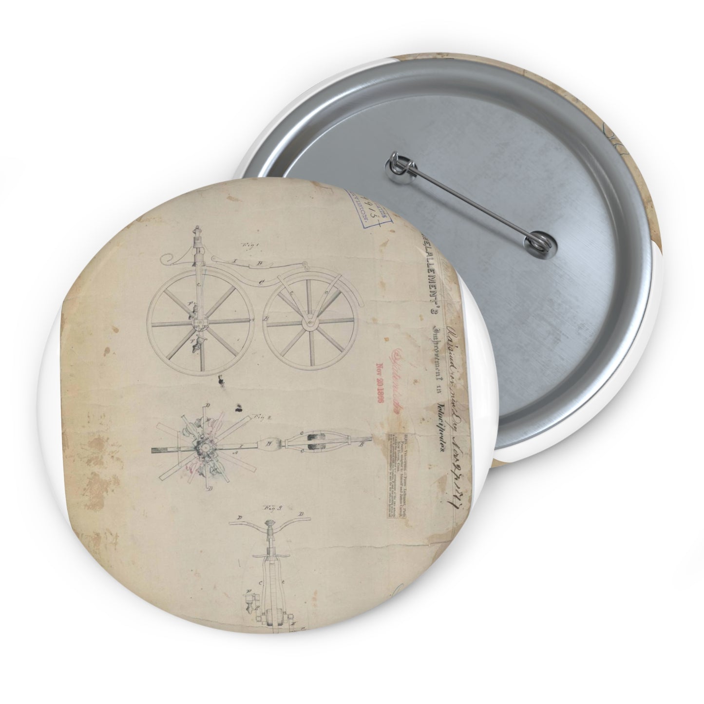 Patent drawing - for Pierre Lallement's Improvement in Velocipedes Public domain  image Pin Buttons with Crisp Design