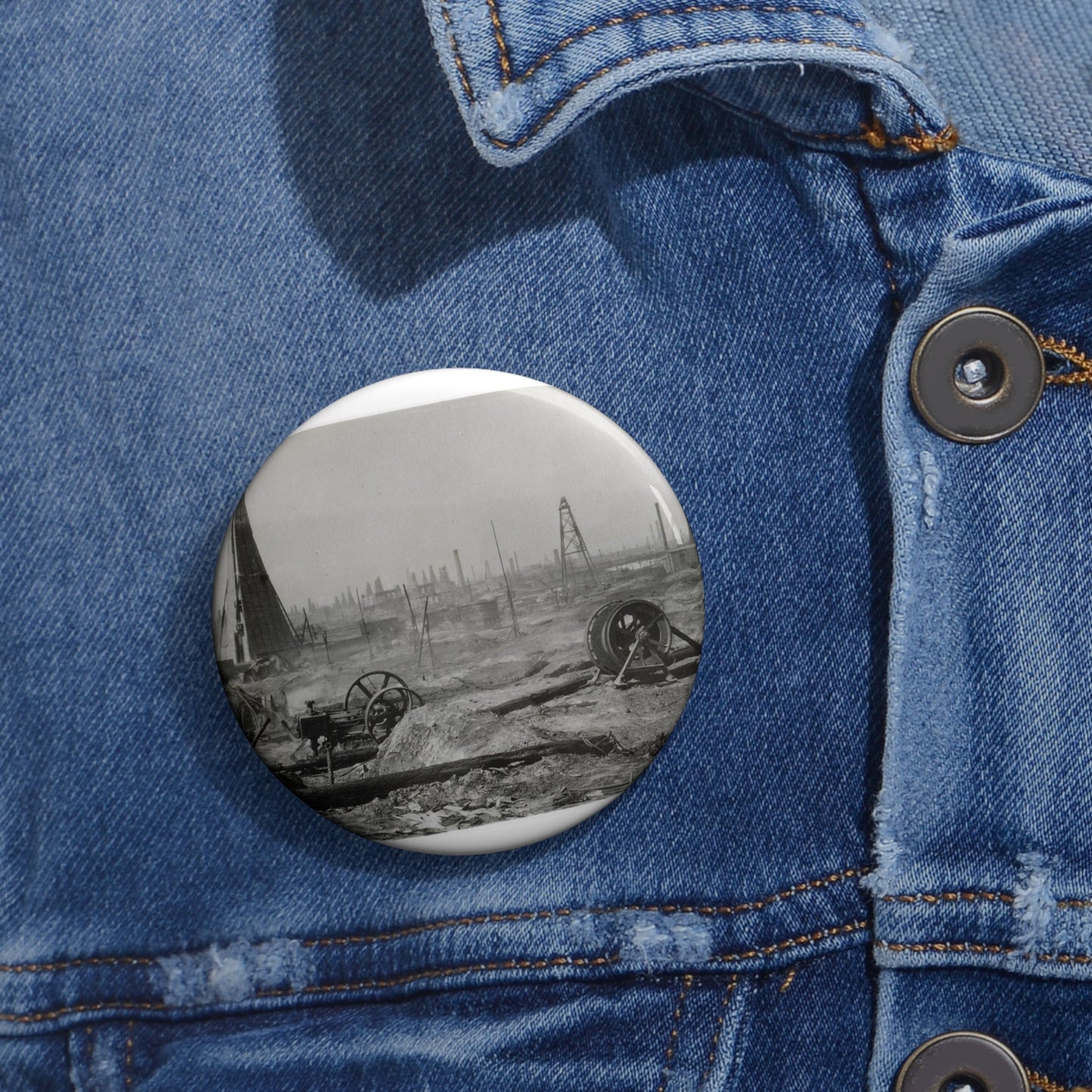 Baku. Oil production. - Drawing. Public domain image. Pin Buttons with Crisp Design