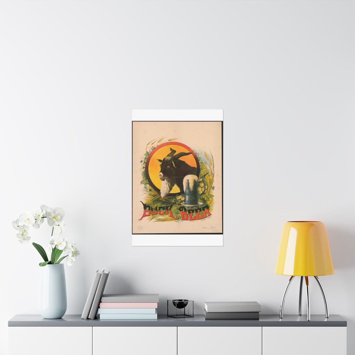 Bock Beer, the head of a goat inside an oval, with a stein of beer sitting on a bed of hops, underneath the oval High Quality Matte Wall Art Poster for Home, Office, Classroom