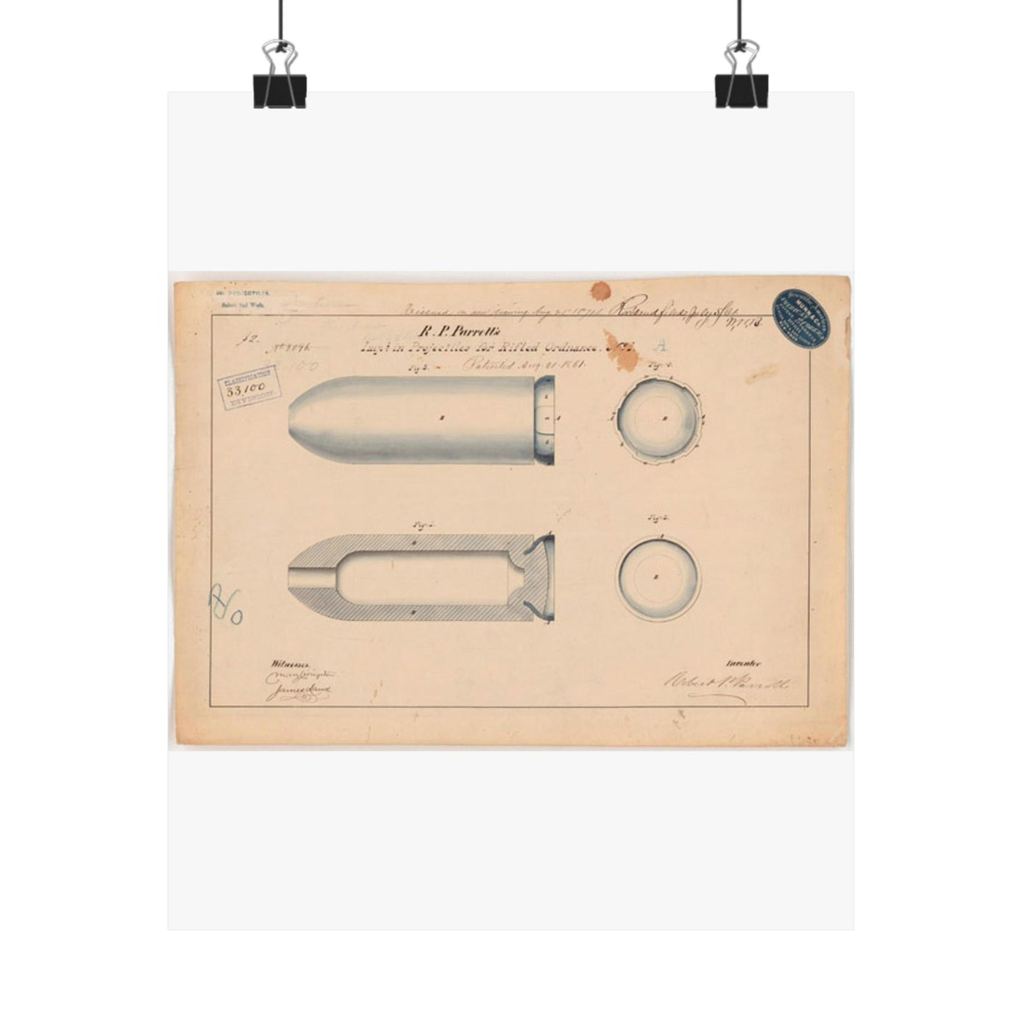 Patent drawing - Drawing of Improvement in Projectiles for Rifled Ordnance Public domain  image High Quality Matte Wall Art Poster for Home, Office, Classroom