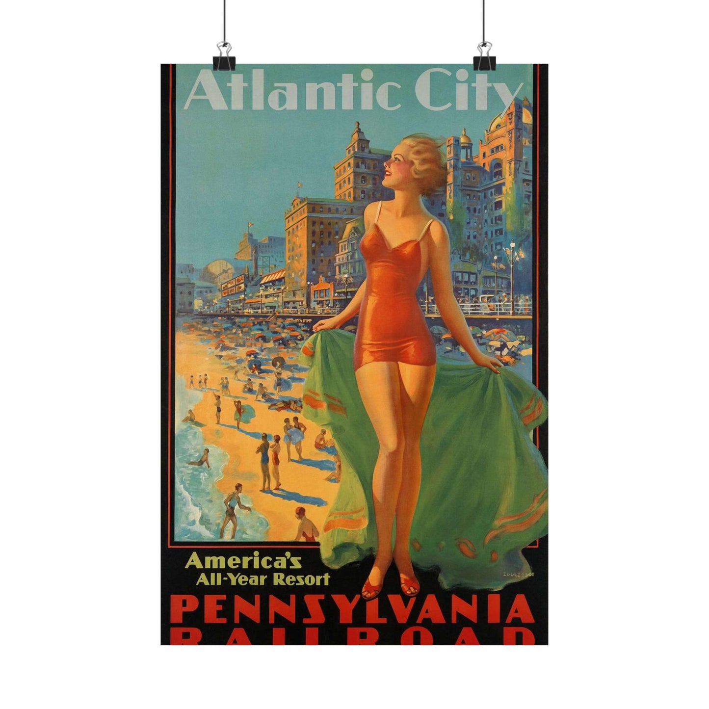 Atlantic City— America’s All-Year Resort, Pennsylvania Railroad, painting by Edward Mason Eggleston High Quality Matte Wall Art Poster for Home, Office, Classroom