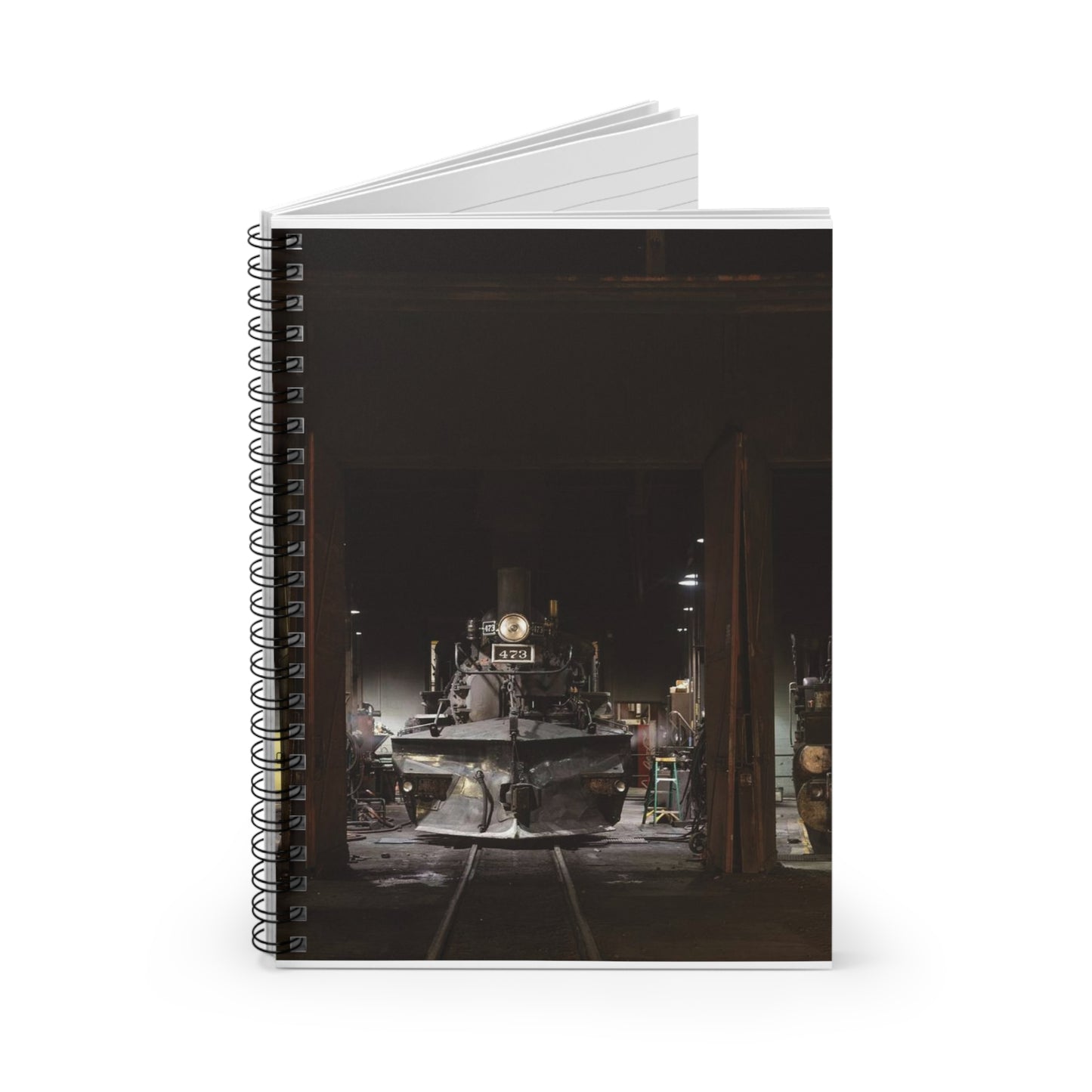 Steam locomotives in the roundhouse of the Durango & Silverton Narrow Gauge Scenic Railroad in Durango, Colorado Spiral Bound Ruled Notebook with Printed Cover