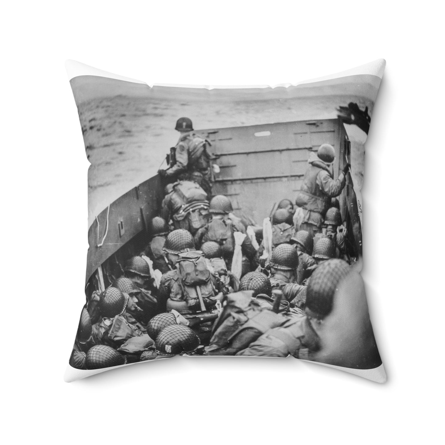 Photograph of Soldiers Crouching Behind the Bulwarks of a Coast Guard Landing Barge Decorative Accent Square Pillow