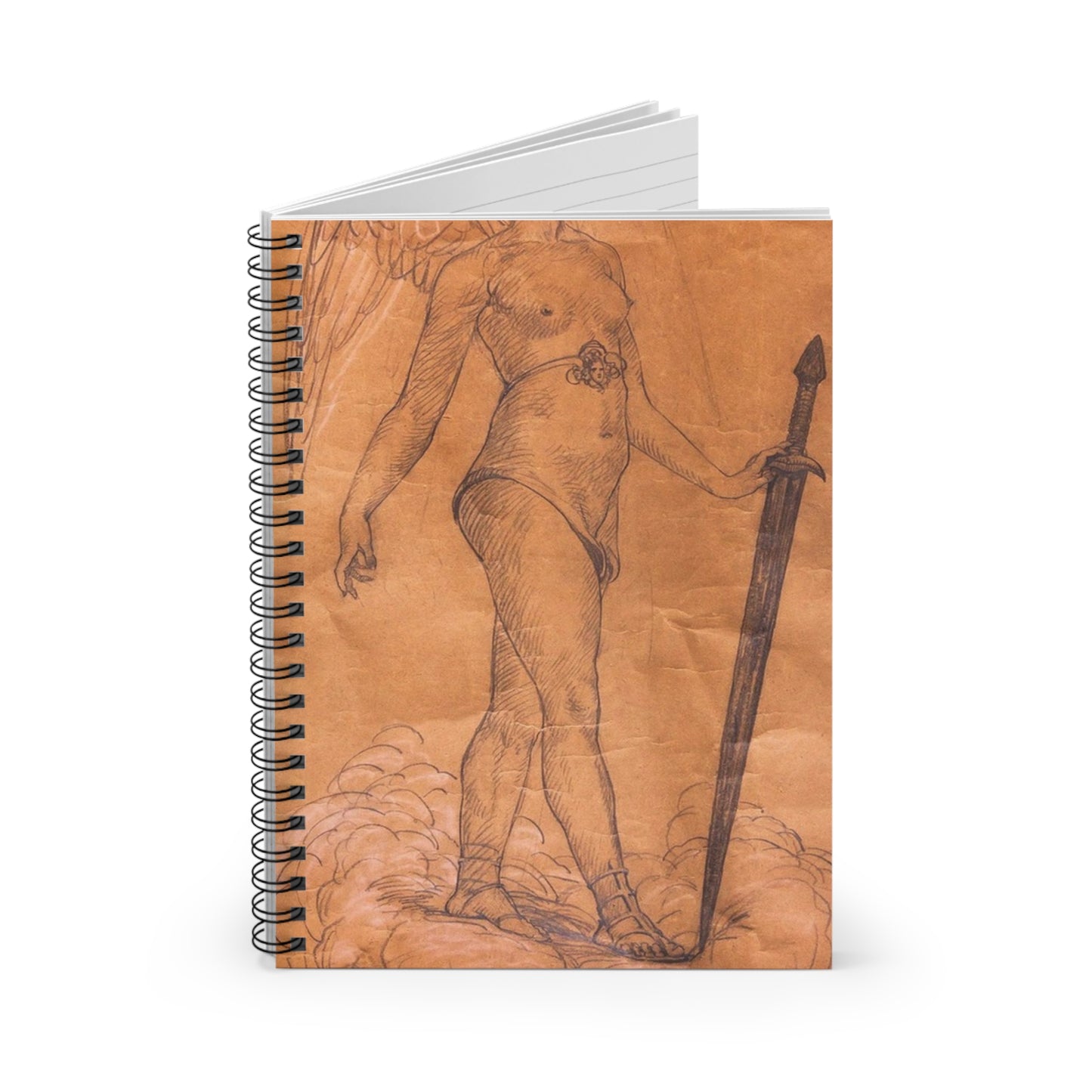 A drawing of an angel holding a sword. Woman breasts sword, beauty fashion. Spiral Bound Ruled Notebook with Printed Cover