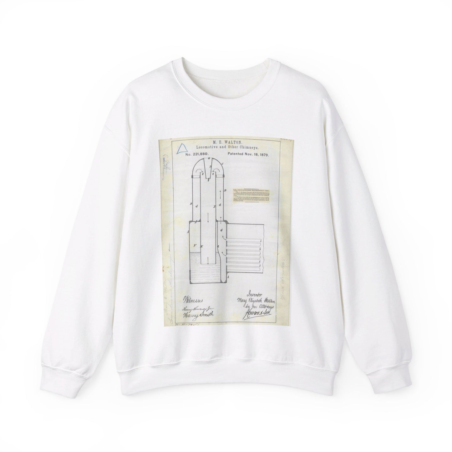 Patent Drawing of Engine - for M. E. Walton's Locomotive and Other Chimneys Public domain  image White Heavy Blend Adult Crew Neck SweatShirt