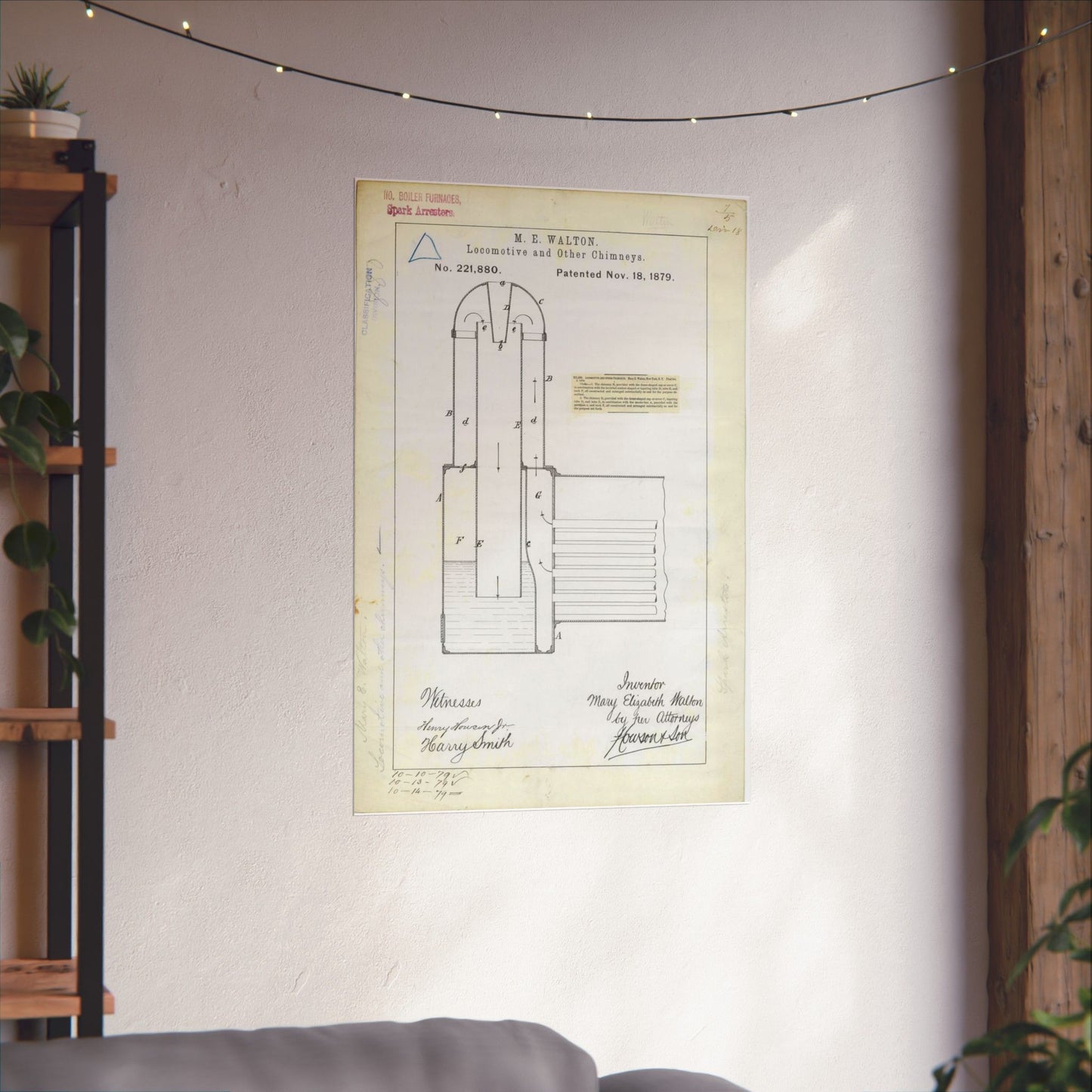 Patent Drawing of Engine - for M. E. Walton's Locomotive and Other Chimneys Public domain  image High Quality Matte Wall Art Poster for Home, Office, Classroom