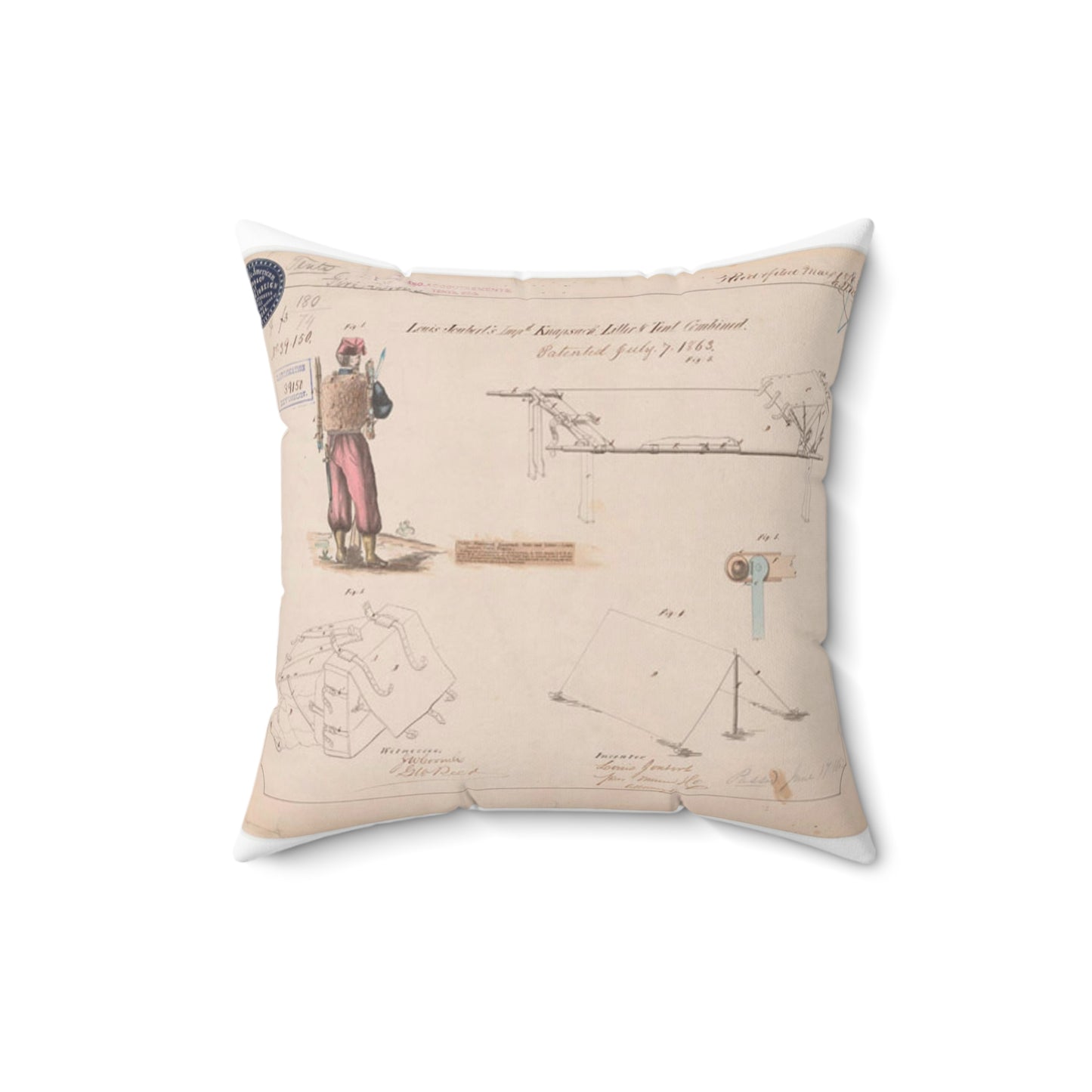 Patent drawing - Drawing of Improved Knapsack, Litter and Tent Combined Public domain  image Decorative Accent Square Pillow