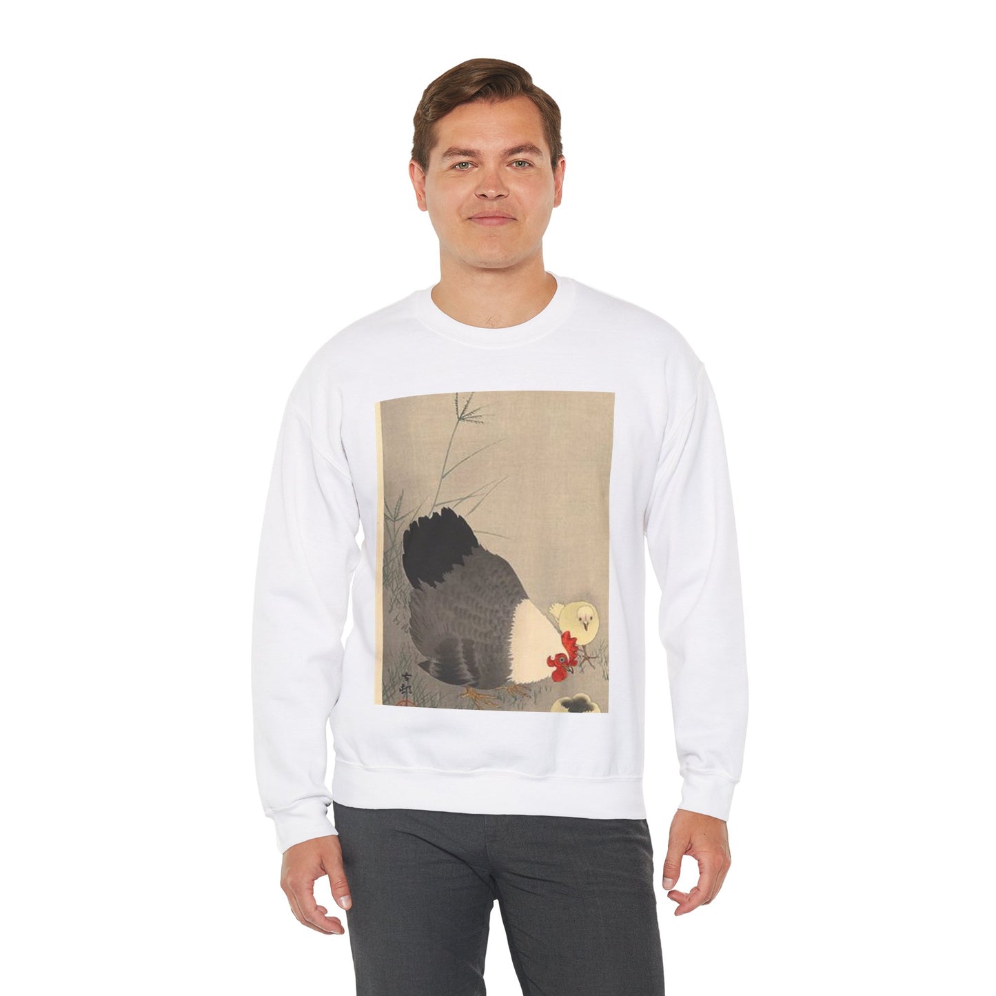 Koson - hen-and-two-chicks-in-grass, Ohara Koson White Heavy Blend Adult Crew Neck SweatShirt