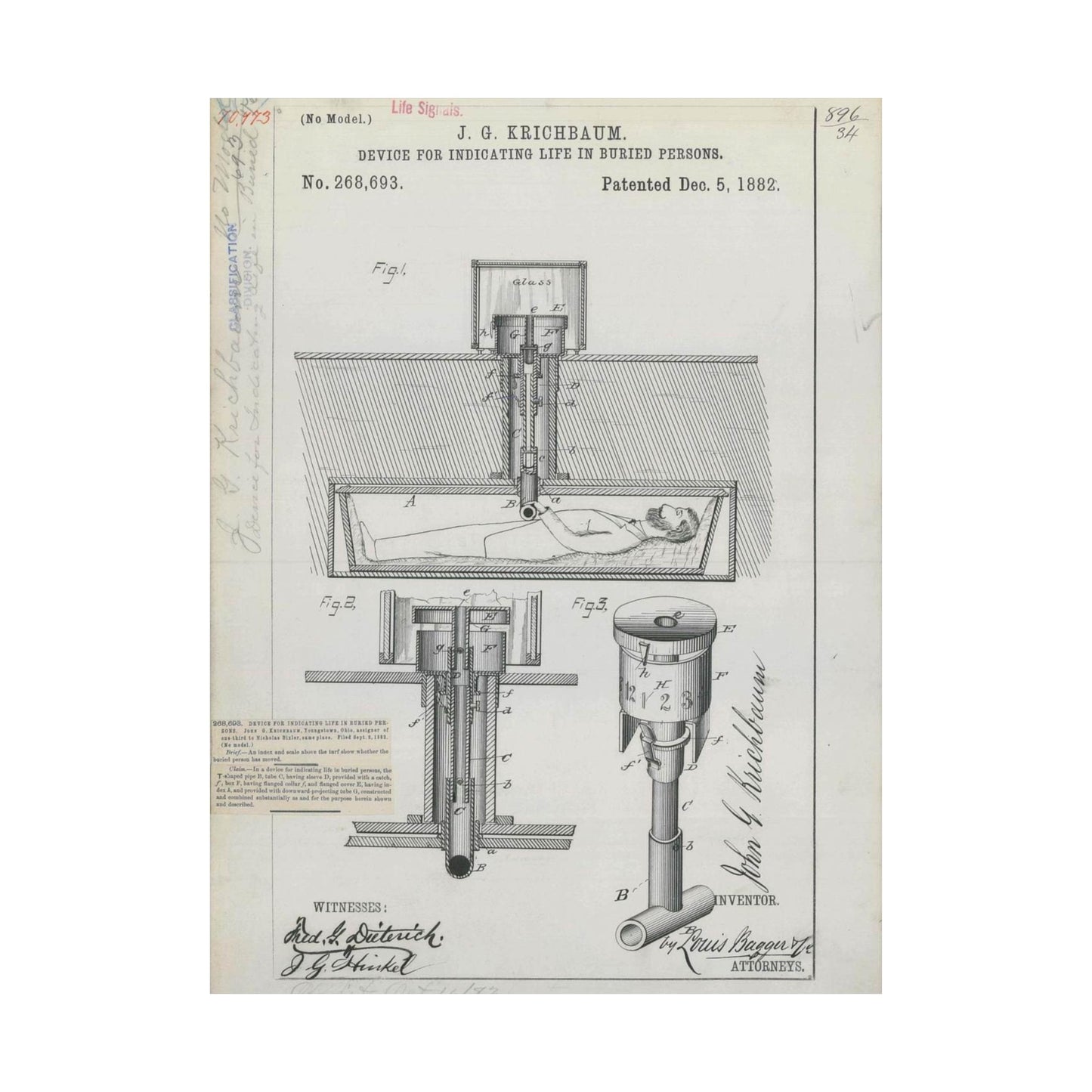 Patent drawing - for J. G. Krichbaum's Device for Indicating Life in Buried Persons Public domain  image High Quality Matte Wall Art Poster for Home, Office, Classroom