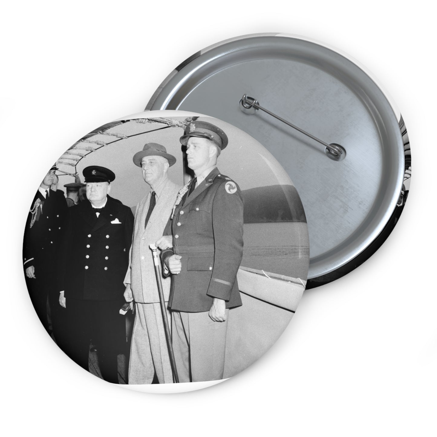 Winston Churchill with Franklin D. Roosevelt on board USS Augusta (CA-31) on 9 August 1941 (NH 67201) Pin Buttons with Crisp Design