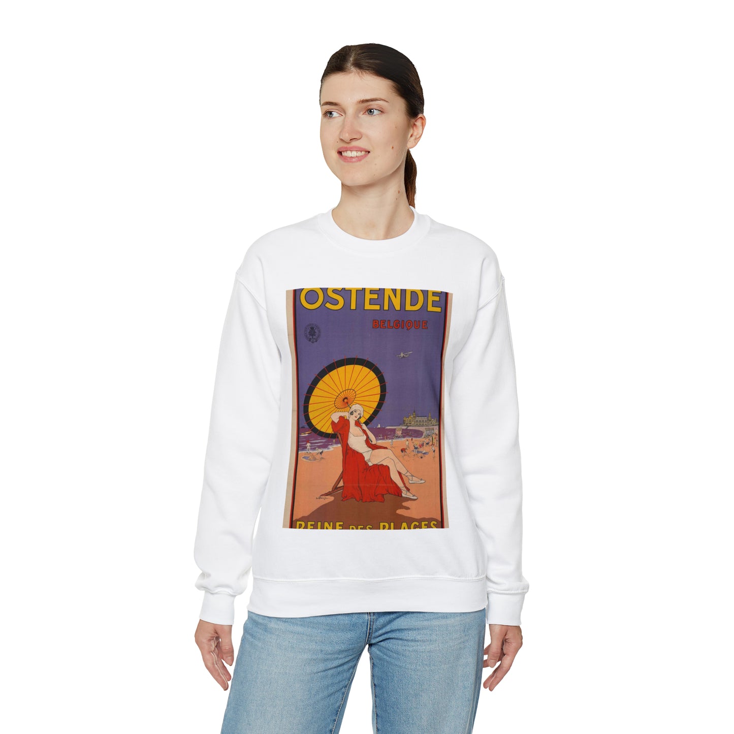 Ostende Belgique - Reine des Plages White Heavy Blend Adult Crew Neck SweatShirt