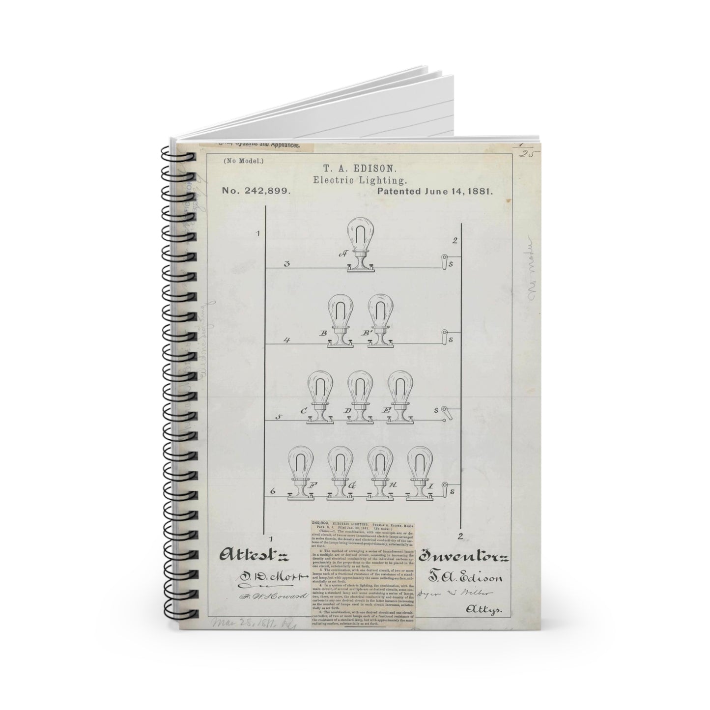 Patent drawing - for T. A. Edison's Electric Lighting Public domain  image Spiral Bound Ruled Notebook with Printed Cover