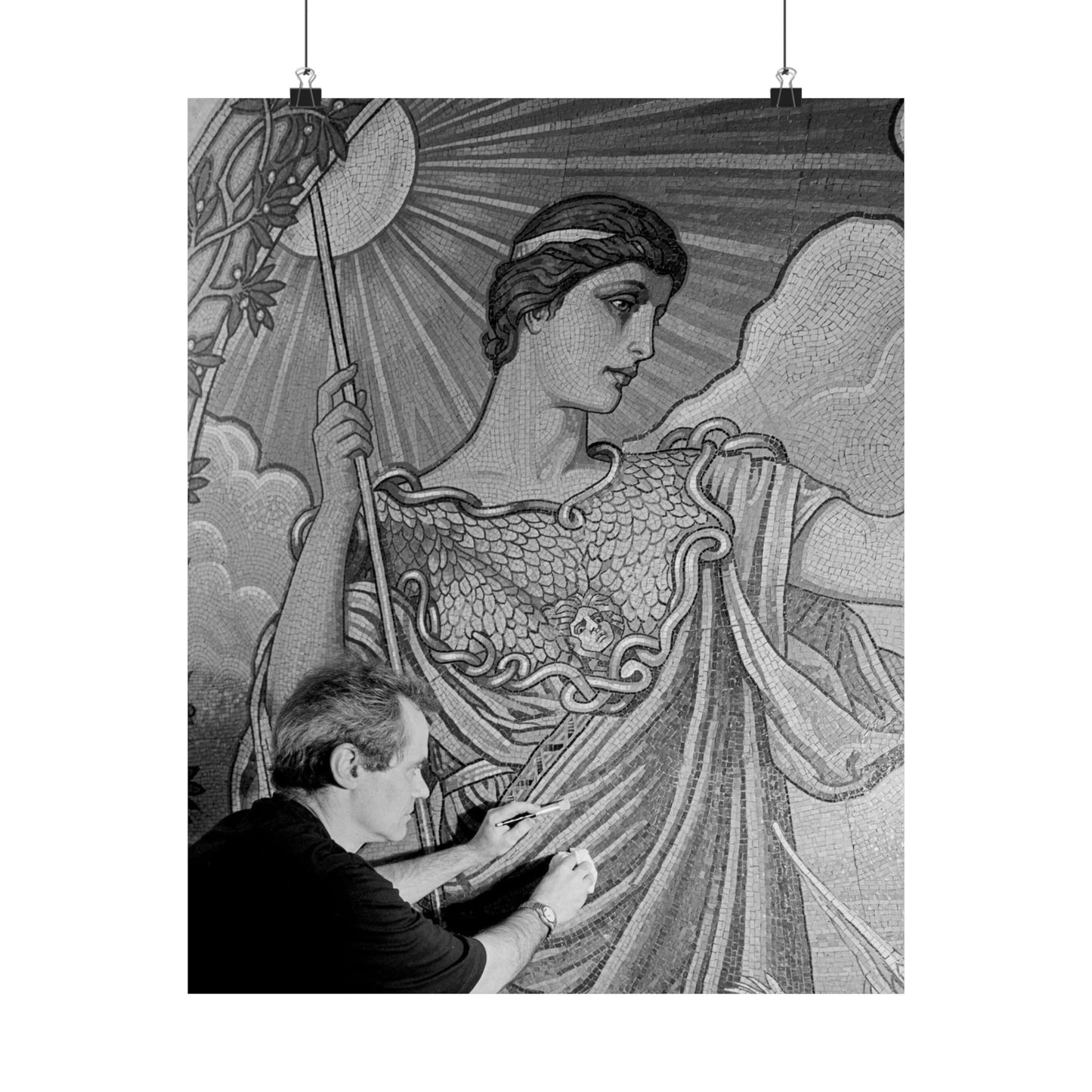 Cleaning the Minerva figure at the Library of Congress's Thomas Jefferson Building, Washington, D.C. High Quality Matte Wall Art Poster for Home, Office, Classroom