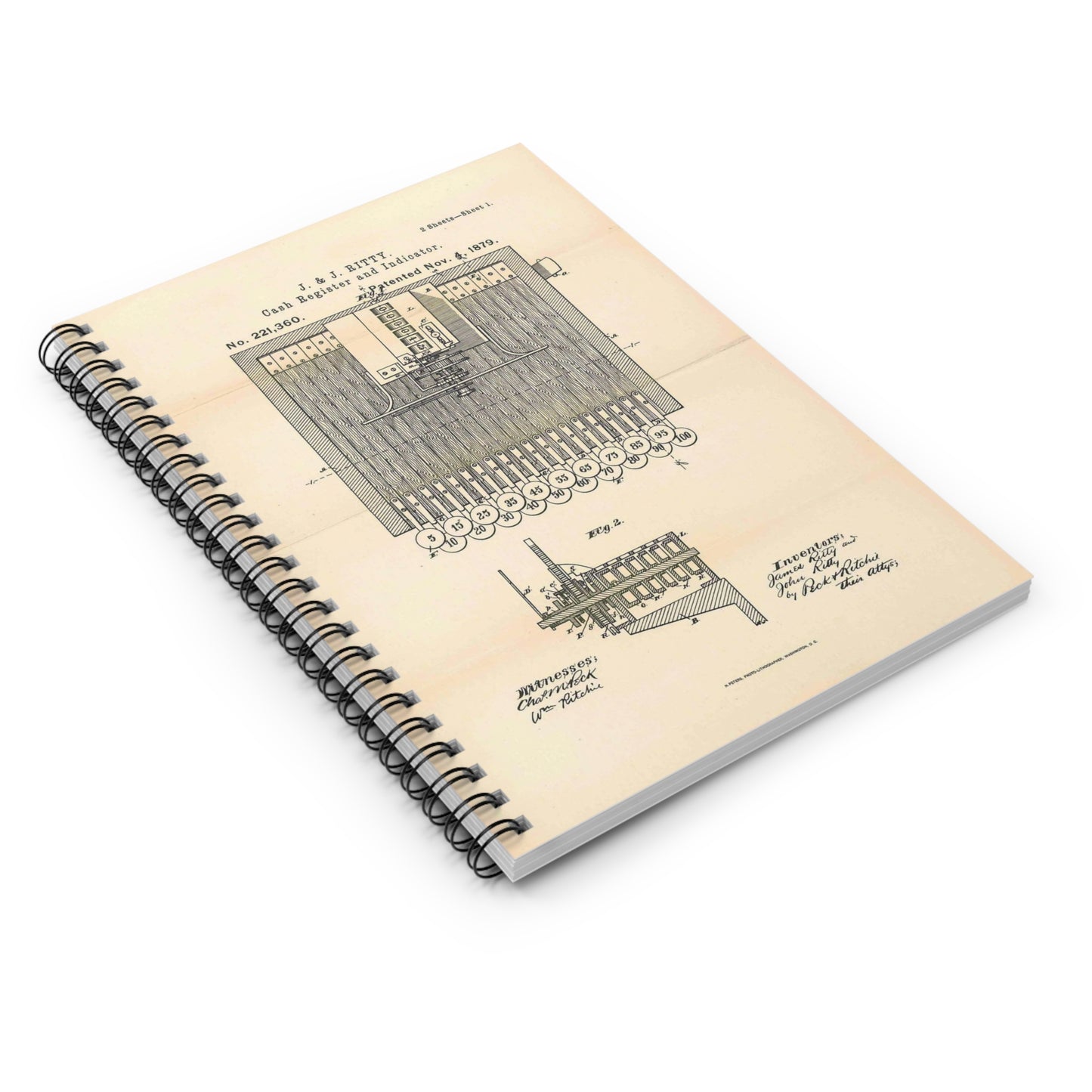 Patent Case File No. 221,360, Improvement in Cash Register and Indicator, Inventors James Ritty and John Ritty - DPLA - 97a8d8a47b402db2ecfd9cac6a3dd8e6 (page 50) Spiral Bound Ruled Notebook with Printed Cover