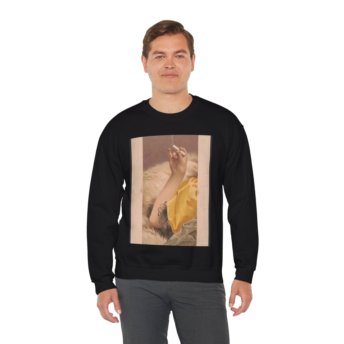 Arm of woman holding a lit cigarette Black Heavy Blend Adult Crew Neck SweatShirt