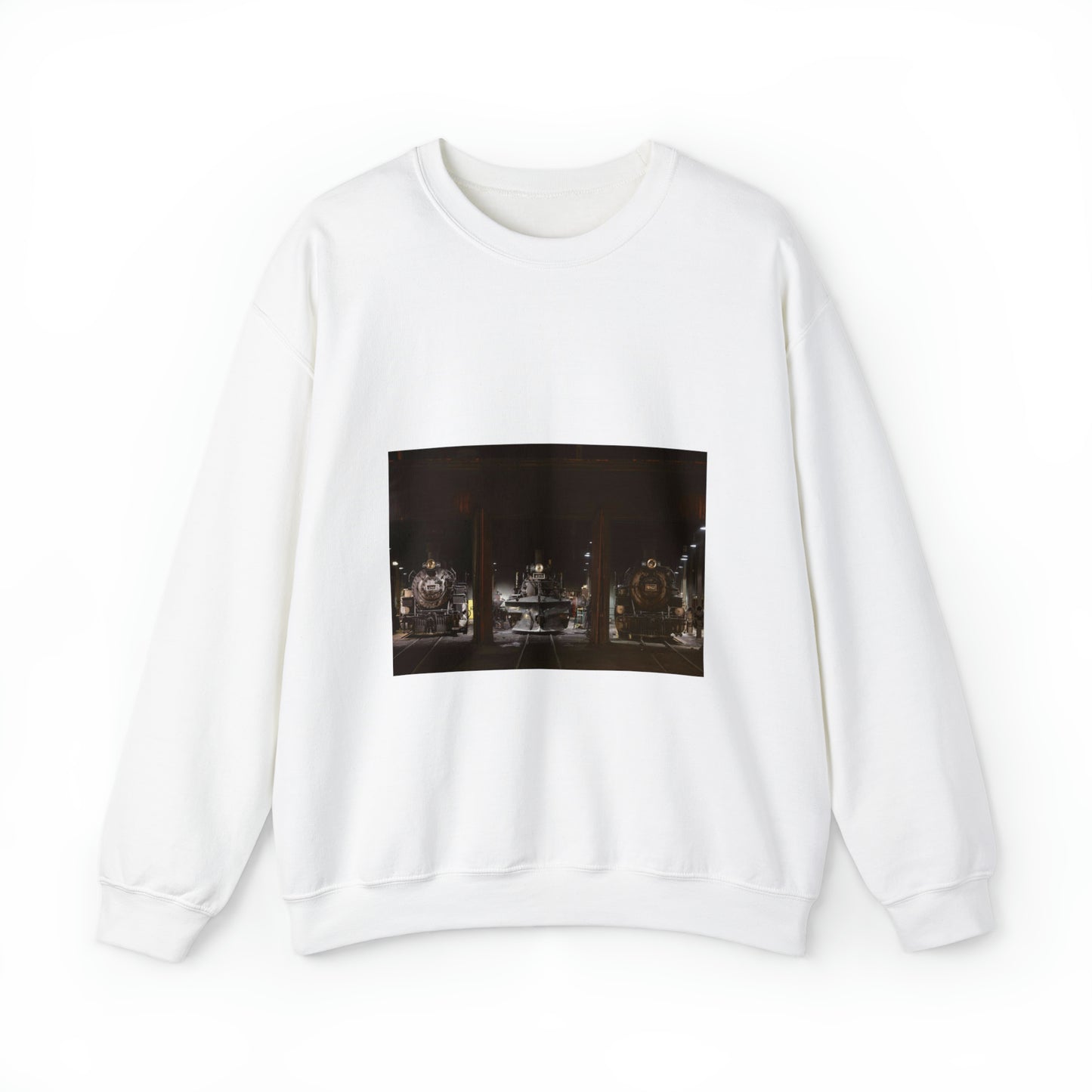 Steam locomotives in the roundhouse of the Durango & Silverton Narrow Gauge Scenic Railroad in Durango, Colorado White Heavy Blend Adult Crew Neck SweatShirt