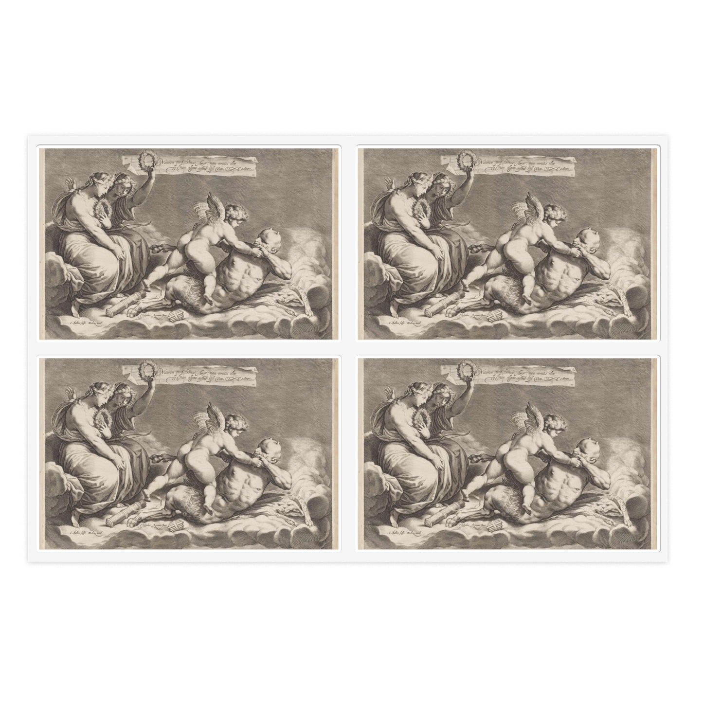 Cupid wrestling with Pan, amongst the clouds, with two allegorical women seated at left Laminated UV Protective Vinyl Stickers