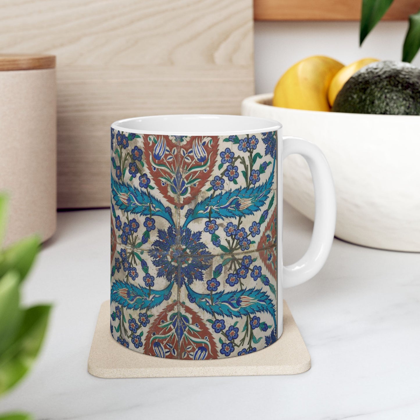 Tegeltableau van vier met een samenhangend patroon van palmetten, bladvormen en bloemen versierde tegels Beautiful Novelty Ceramic Coffee Mug 11oz