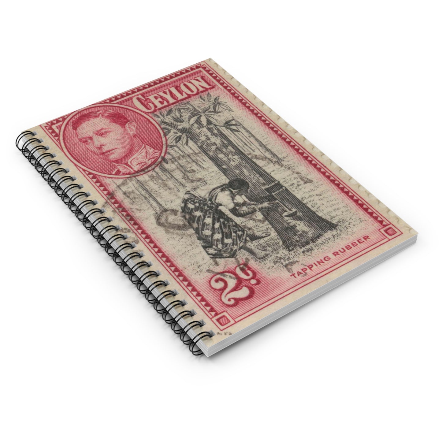 Frimärke ur Gösta Bodmans filatelistiska motivsamling, påbörjad 1950.Frimärke från Ceylon, 1937. Motiv av kvinnodräkt. Gummitappning. T.v. Kung George VI. Spiral Bound Ruled Notebook with Printed Cover