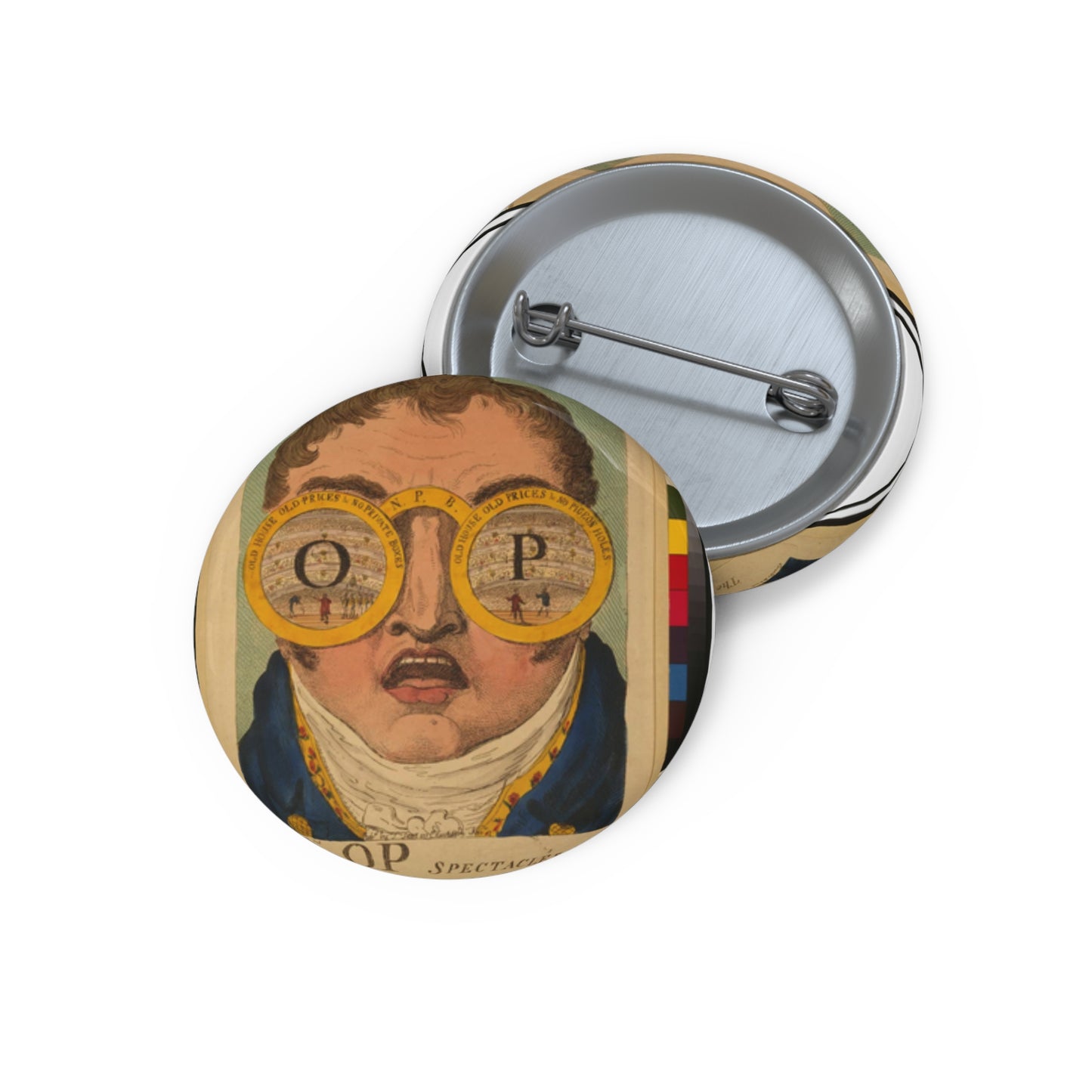 The OP spectacles / Cruikshank del., British Cartoon Print Pin Buttons with Crisp Design