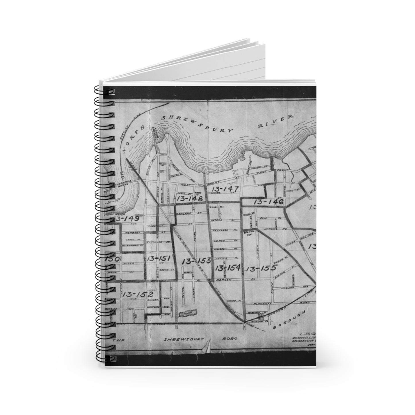 1940 Census Enumeration District Maps - New Jersey - Monmouth County - Red Bank - ED 13-145 - ED 13-156 Spiral Bound Ruled Notebook with Printed Cover