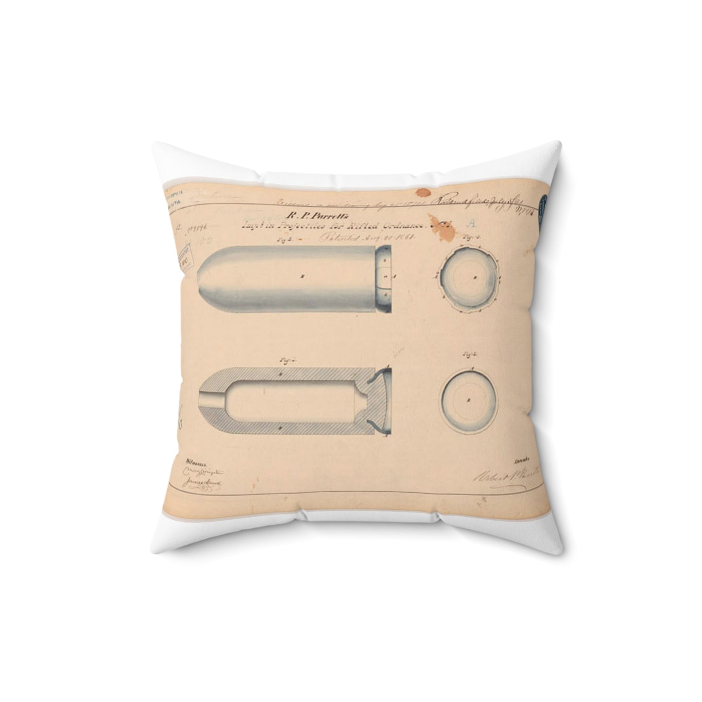Patent drawing - Drawing of Improvement in Projectiles for Rifled Ordnance Public domain  image Decorative Accent Square Pillow