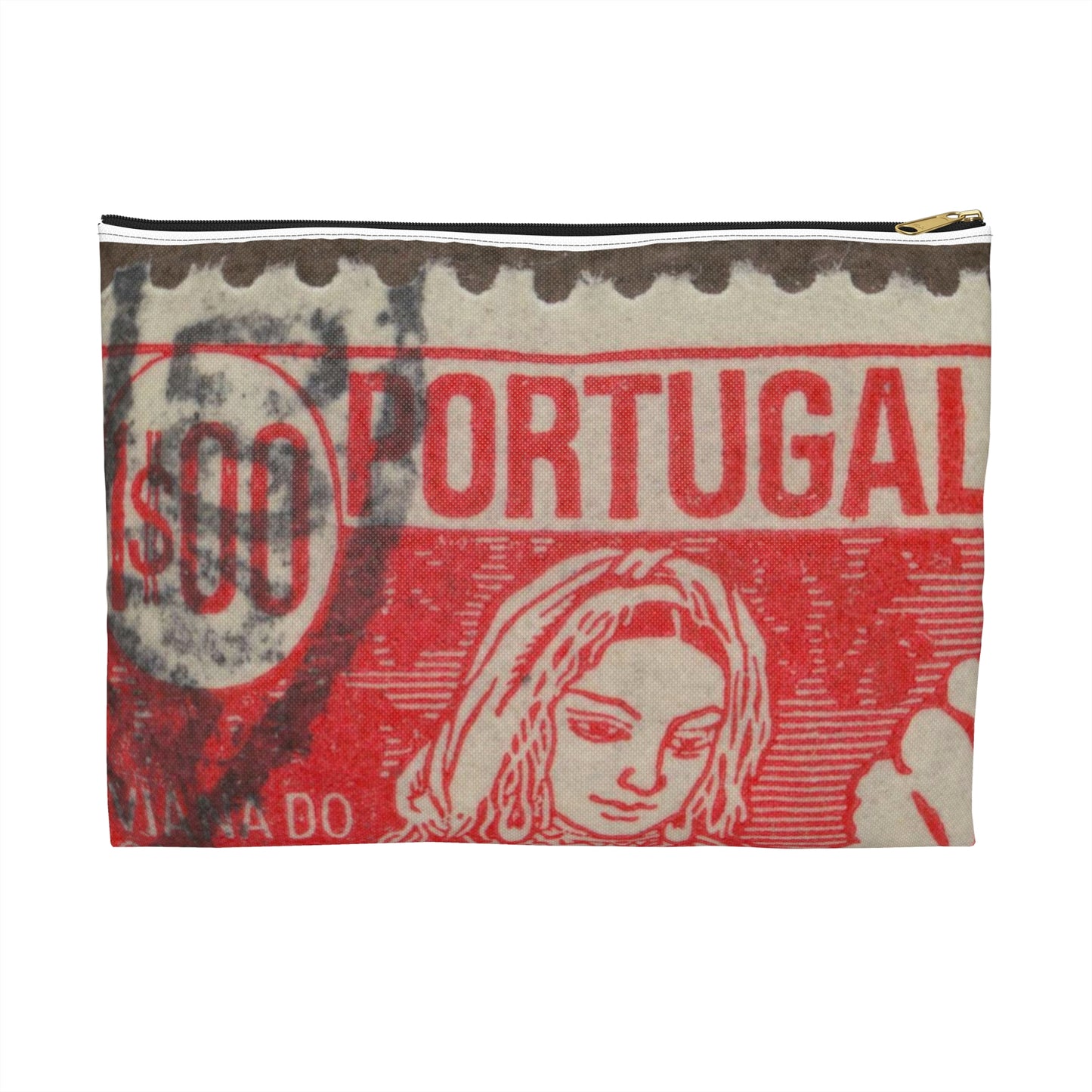 Frimärke ur Gösta Bodmans filatelistiska motivsamling, påbörjad 1950.Frimärke frånPortugal, 1941. Motiv av garnspinnande med slända. "Kvinna från Viana do Castelo". Large Organizer Pouch with Black Zipper