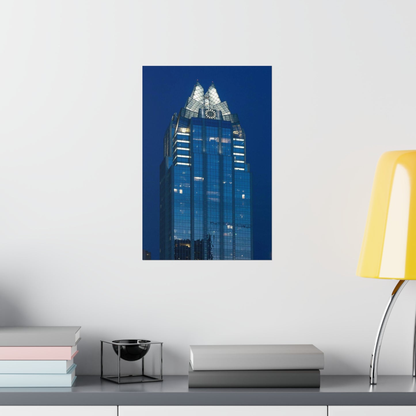 The upper reaches of Frost Bank Tower, a prominent Austin, Texas, skyscraper High Quality Matte Wall Art Poster for Home, Office, Classroom