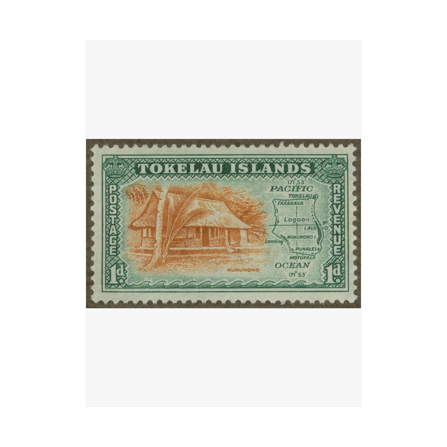 Frimärke ur Gösta Bodmans filatelistiska motivsamling, påbörjad 1950.Frimärke från  Tokelau-öarna, 1948. Motiv av hydda från ön Nokonono samt karta över Tokelau-öarna. High Quality Matte Wall Art Poster for Home, Office, Classroom