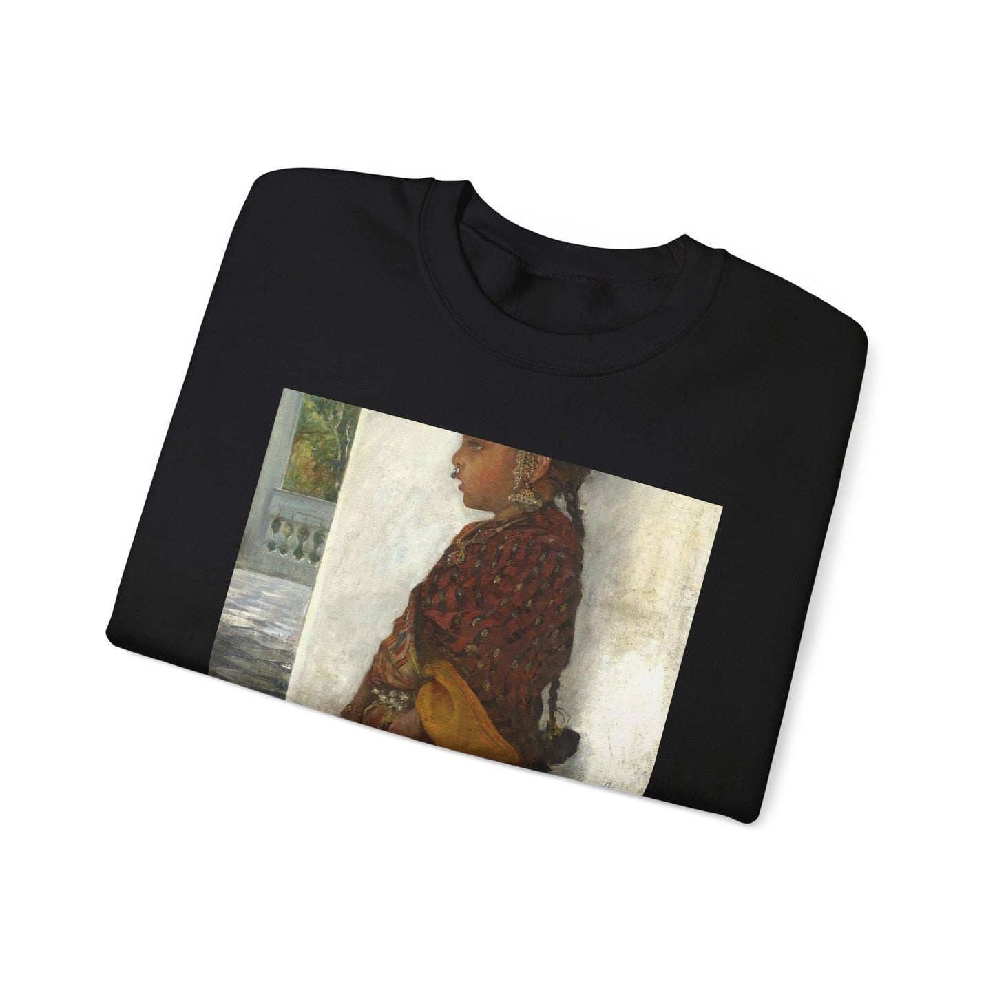 Hermann Linde - Girl standing in a veranda wearing a Pochampalli sari (ca.1895) Black Heavy Blend Adult Crew Neck SweatShirt