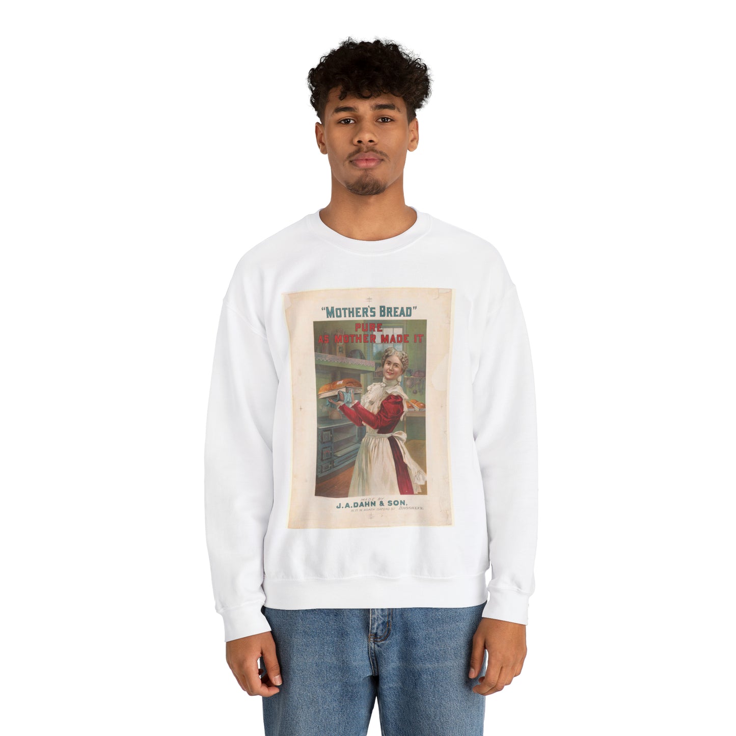 "Mother's bread" pure as mother made it. Made by J.A. Dahn & Son, 15, 17, 19, North Oxford St., Brooklyn White Heavy Blend Adult Crew Neck SweatShirt