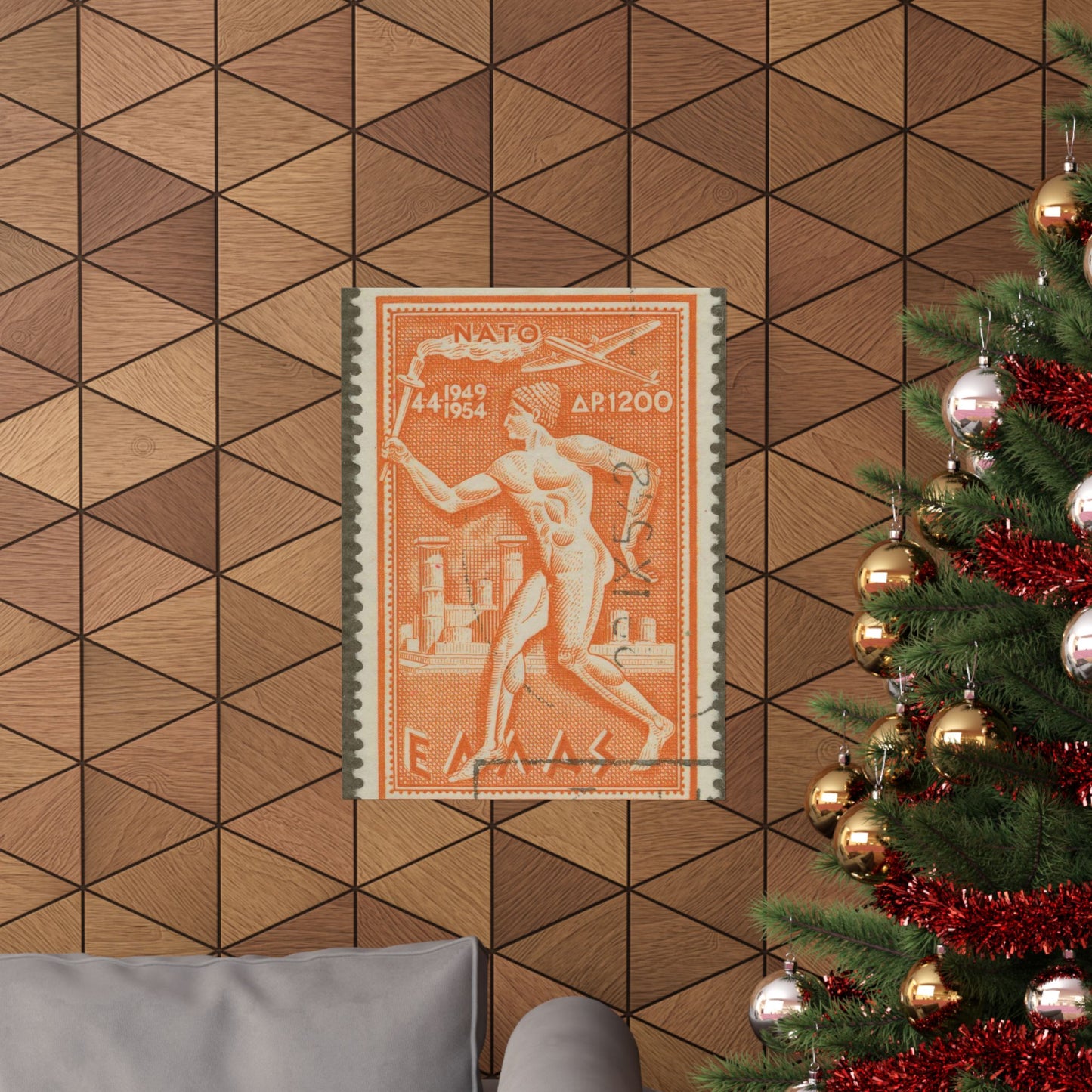 Frimärke ur Gösta Bodmans filatelistiska motivsamling, påbörjad 1950.Frimärke från Grekland, 1954. Motiv av symbol för upplysning och framåtskridande. "N. A. T. O. fem år 4.4.1949 -4.4.1954". High Quality Matte Wall Art Poster for Home, Office, Classroom