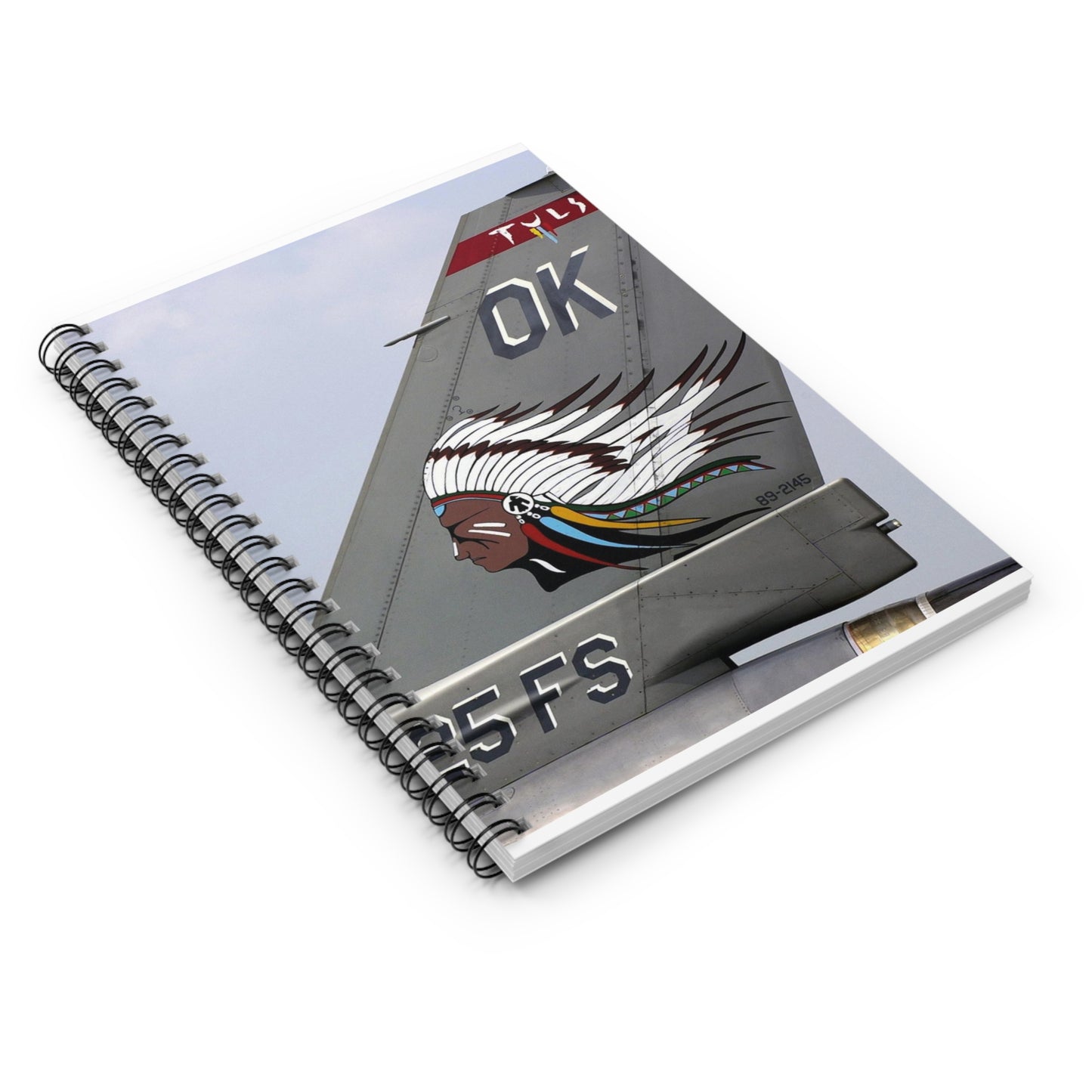 The tail flash of a F-16 Fighting Falcon aircraft from the 125th Fighter Squadron (FS), 138th Fighter Wing (FW), Oklahoma (OK), Air National Guard (ANG) Spiral Bound Ruled Notebook with Printed Cover