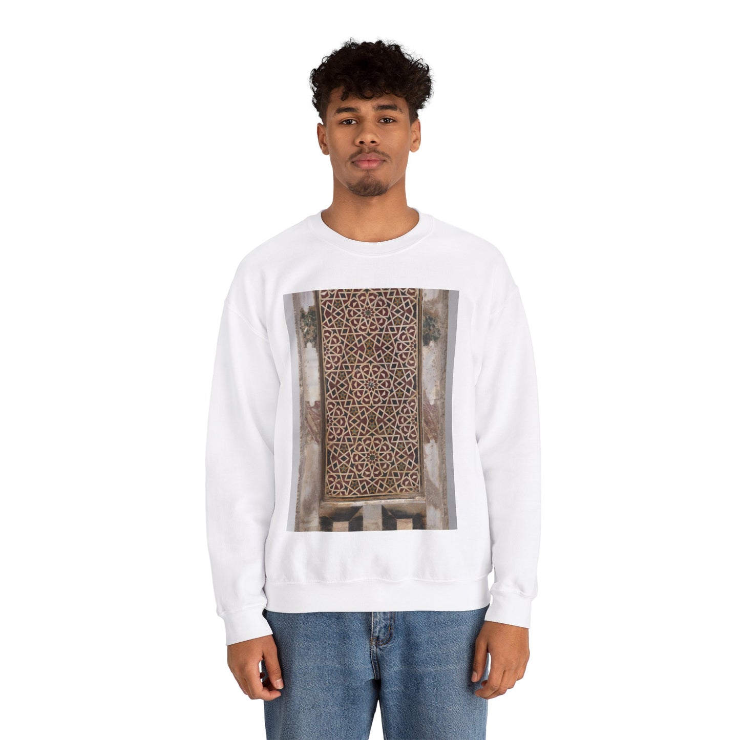 Wall Panel with Geometric Interlace White Heavy Blend Adult Crew Neck SweatShirt