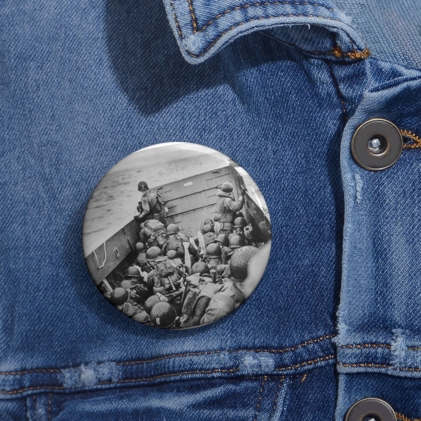 Photograph of Soldiers Crouching Behind the Bulwarks of a Coast Guard Landing Barge Pin Buttons with Crisp Design