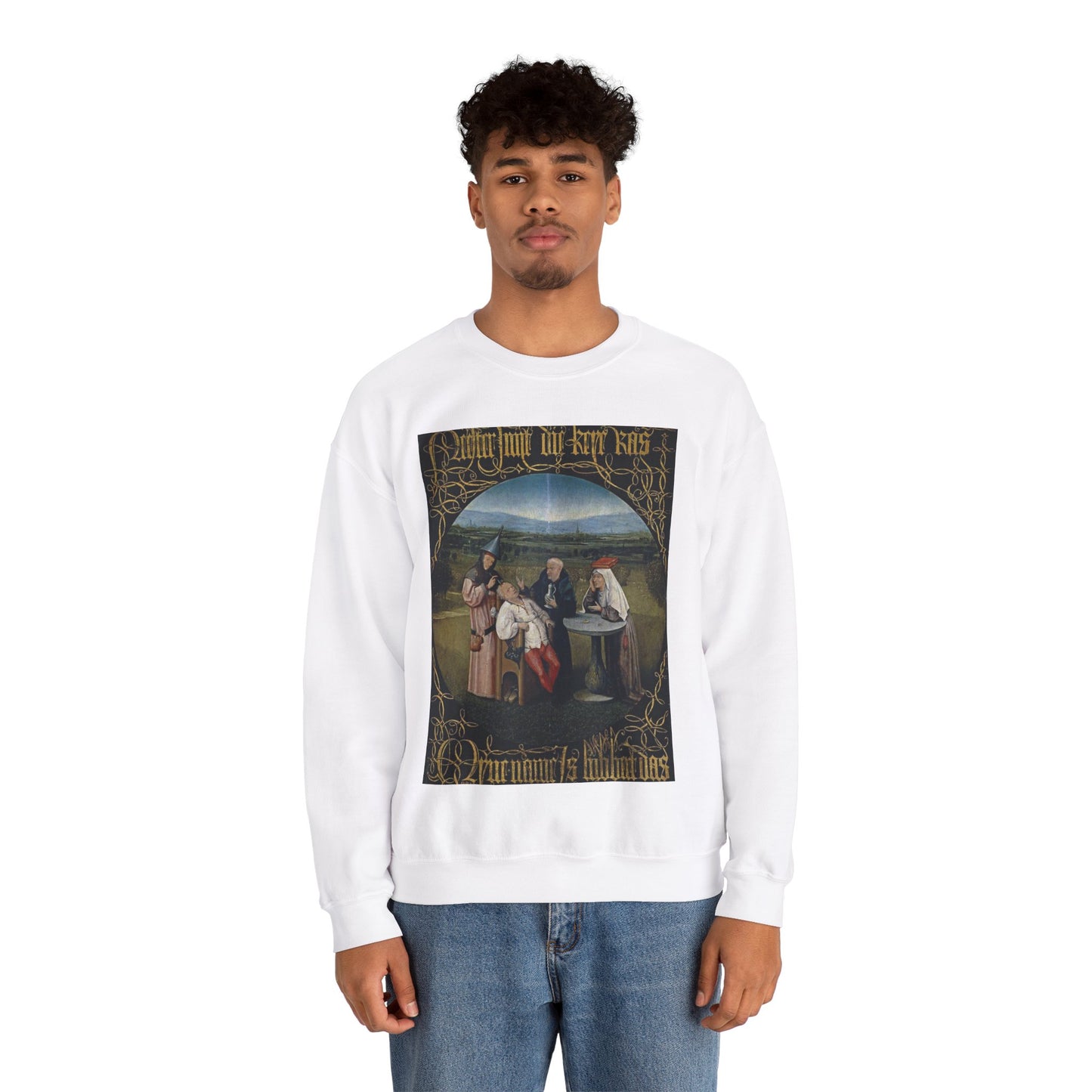 Hieronymus Bosch 053 - A painting of a group of people sitting around a table White Heavy Blend Adult Crew Neck SweatShirt