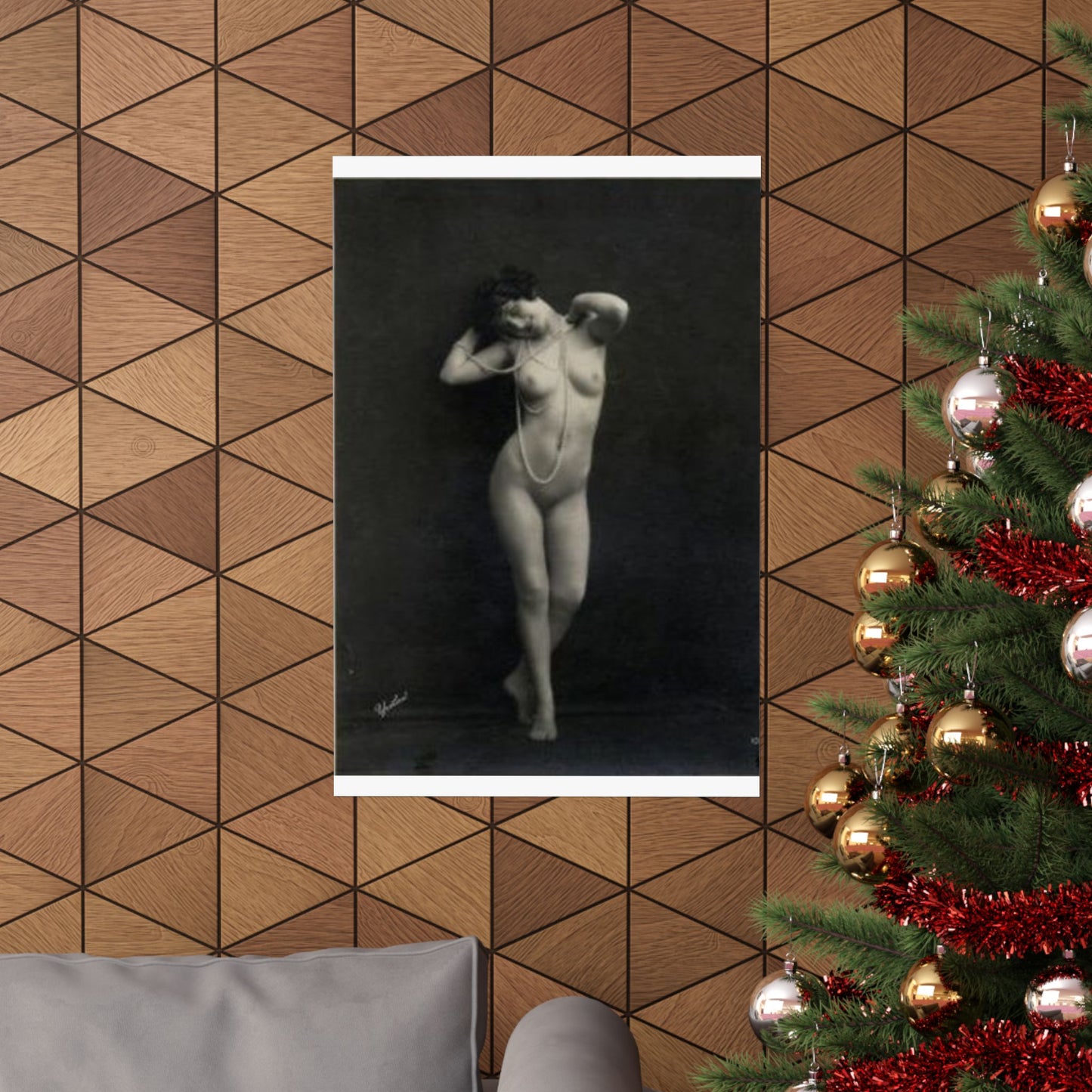 Erotic Art: WALERY - An old photo of a naked woman with pearls High Quality Matte Wall Art Poster for Home, Office, Classroom