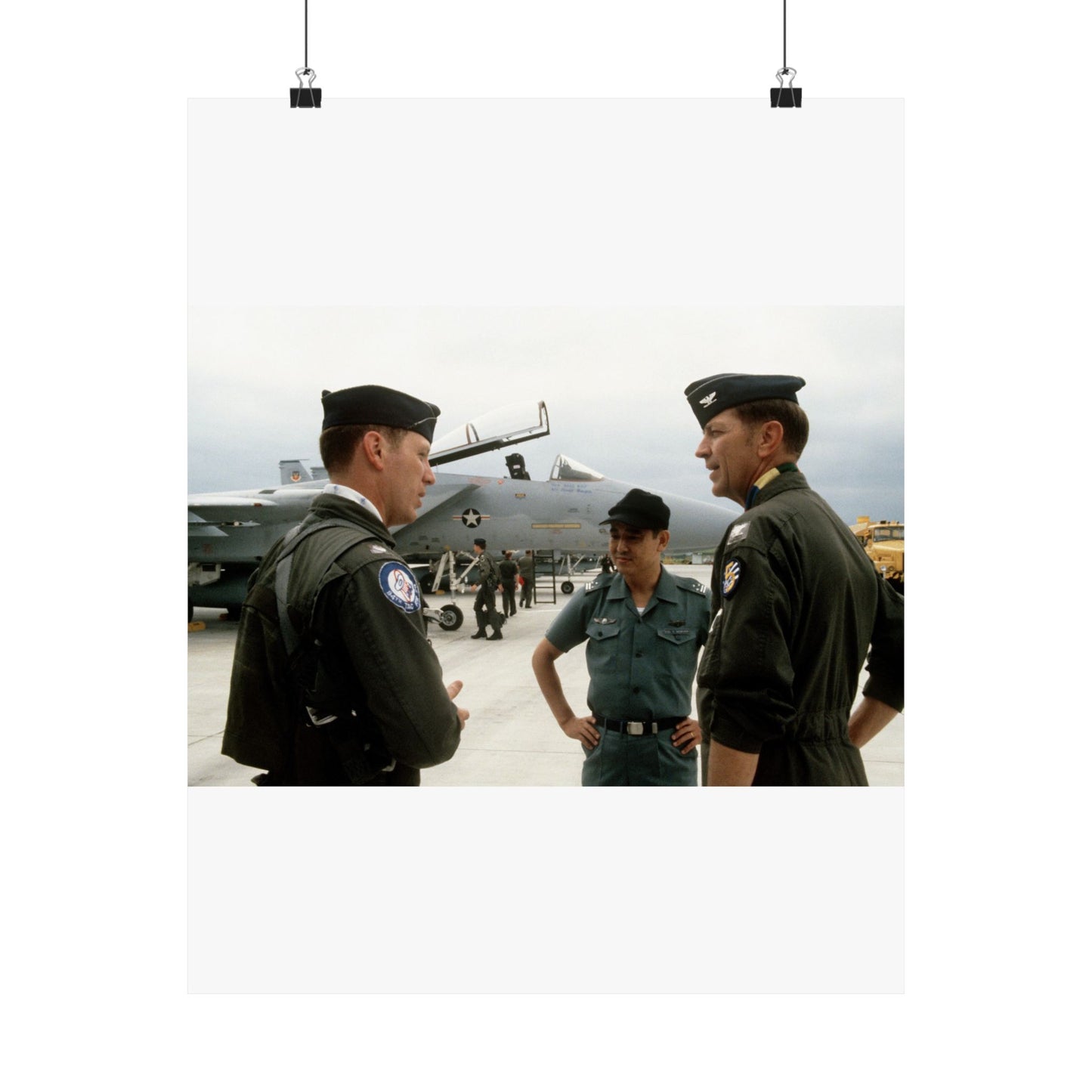 Upon his arrival, LTC Tom Barber (left), is greeted by Exercise Cope North '81-3 directors, COL George Peacock and Japanese Air SelF Defense Force COL V. Nomura High Quality Matte Wall Art Poster for Home, Office, Classroom