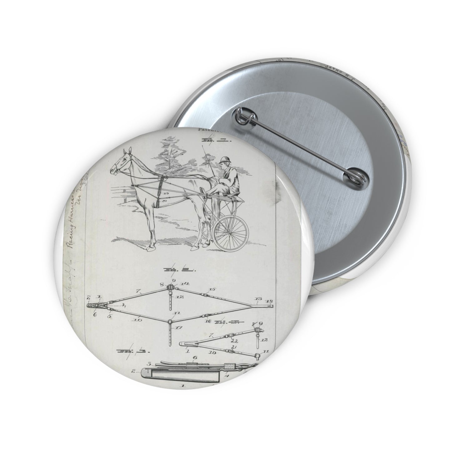 Patent drawing - for J. H. Snapp's Racing Harness Attachment Public domain  image Pin Buttons with Crisp Design