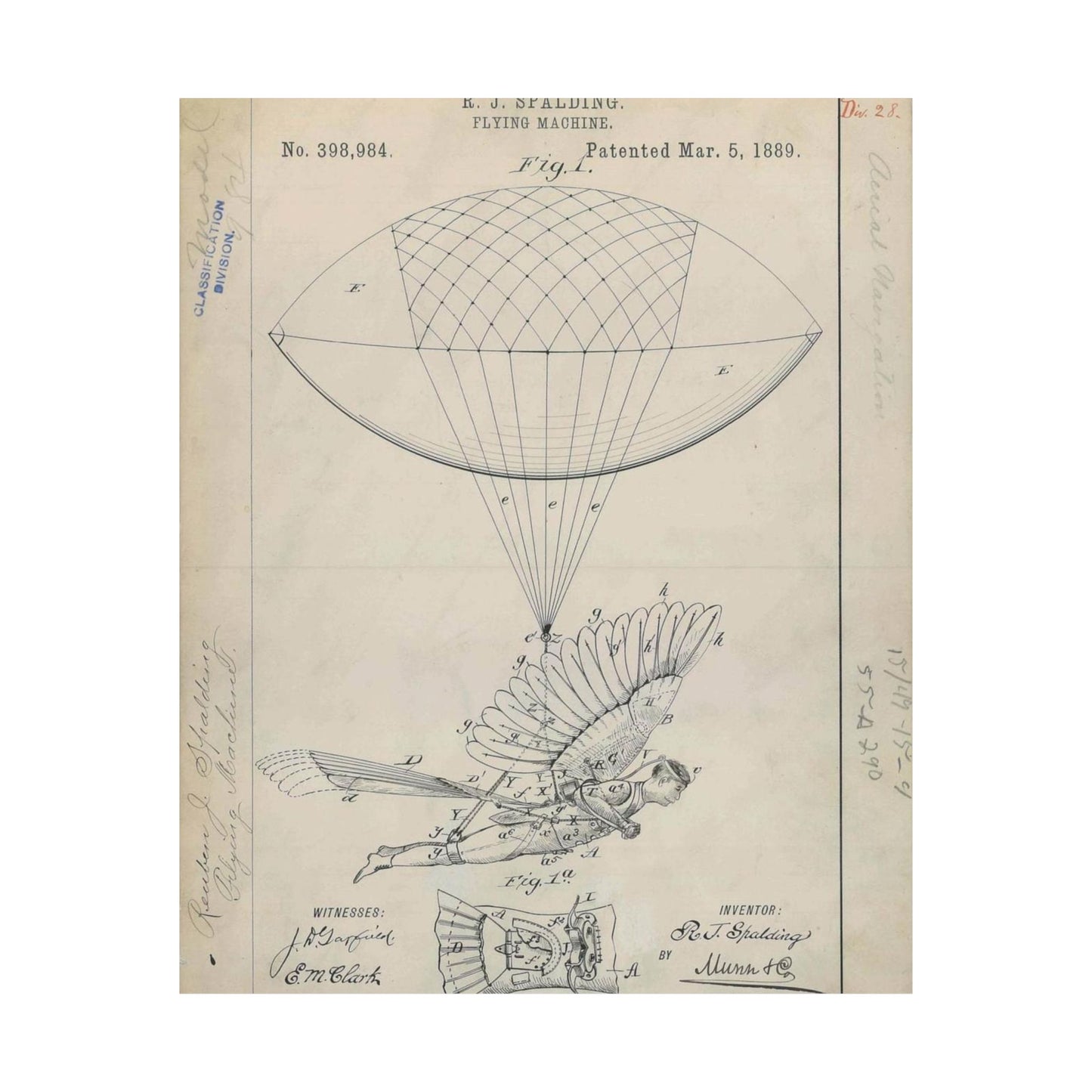 Patent drawing - for R. J. Spalding's Flying Machine Public domain  image High Quality Matte Wall Art Poster for Home, Office, Classroom