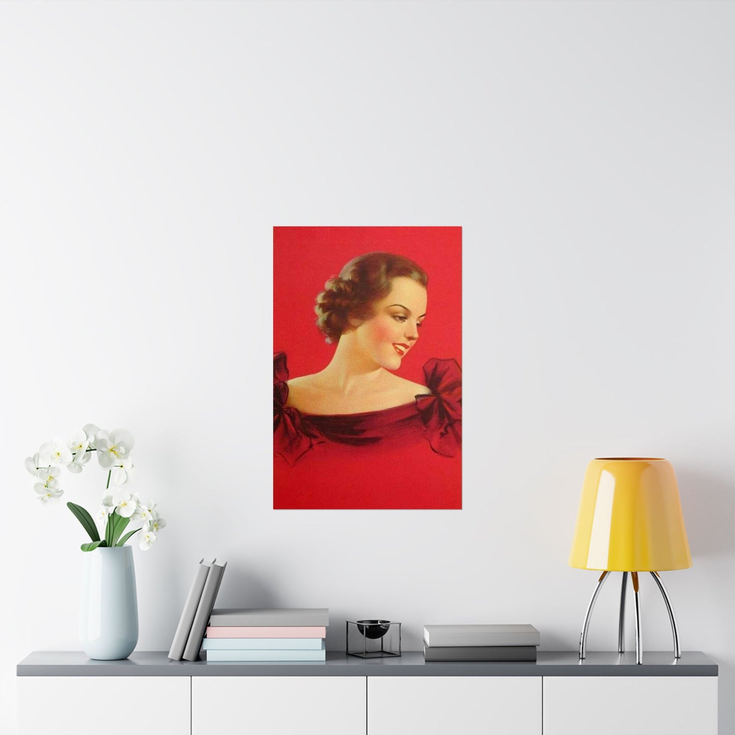 Brunette girl head, red background, painting by Edward Mason Eggleston High Quality Matte Wall Art Poster for Home, Office, Classroom